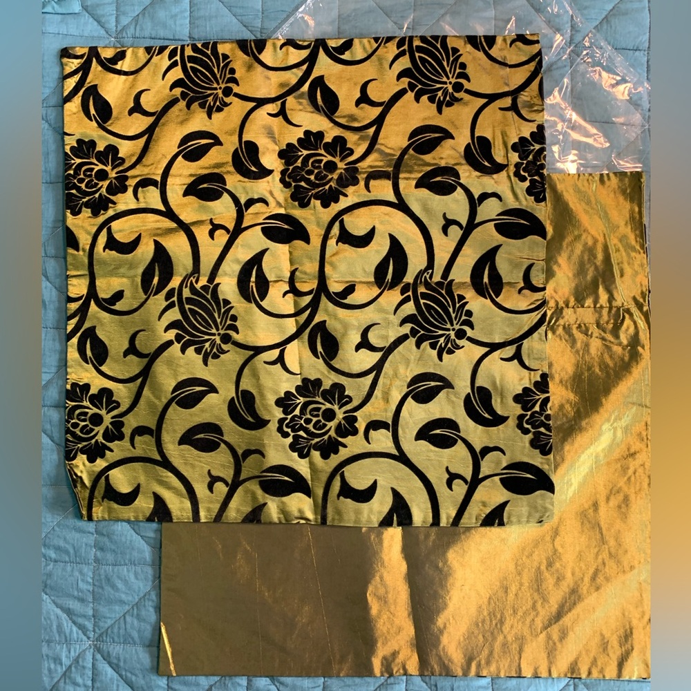 Pair 17.5” x 17.5” Deep Olive Green and Black Floral Fabric Pillow Covers.